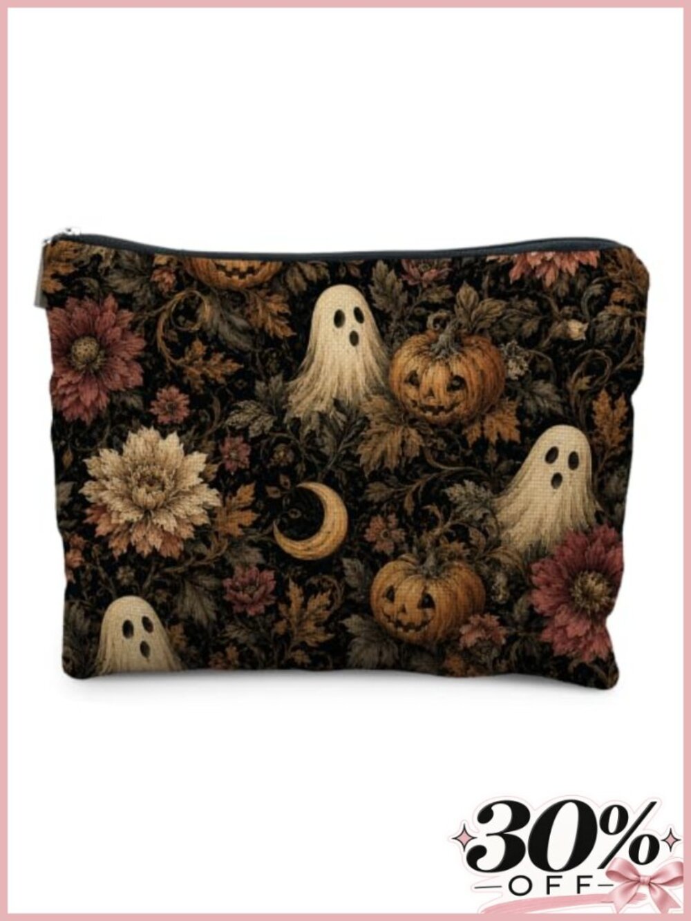 Linen Cosmetic Makeup Bag Toiletry Pouch Cottagecore Halloween Pumpkin Ghost